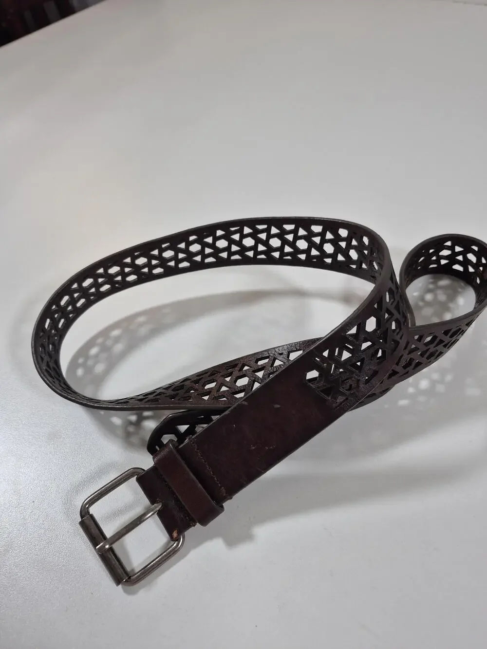 BCBGMAXAZRIA Belt Women's L Brown Leather Laser Cut Geometric